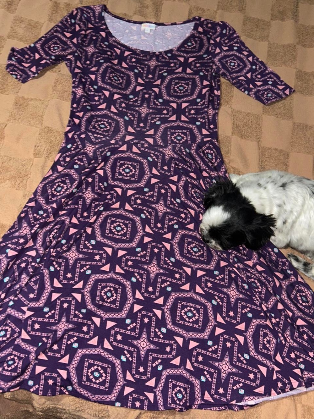 LuLaRoe Strapless Purple and Pink Geometric Fit & Flare Dress